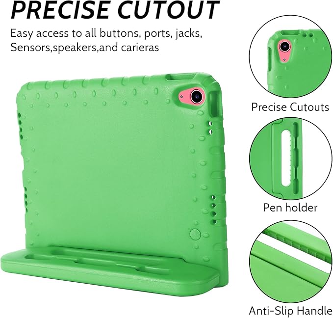 Dteck Kids Case for iPad 10th Gen 10.9" with Pencil Holder, Shockproof Rugged EVA Handle Stand Child Proof Case, Green