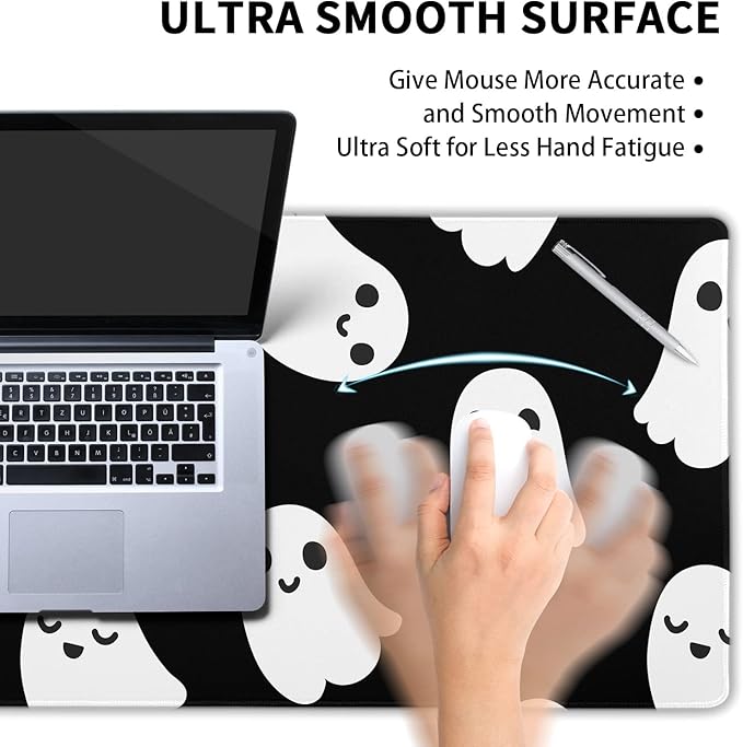 Halloween Cute Ghost Mouse Pad Kawaii Cartoon Spooky Funny Spirit Extended Desk Mat Non-Slip Rubber Base Stitched Edge Large XL Black White Mousepad for Desk Gaming Laptop Desktop,31.5×11.8 Inch