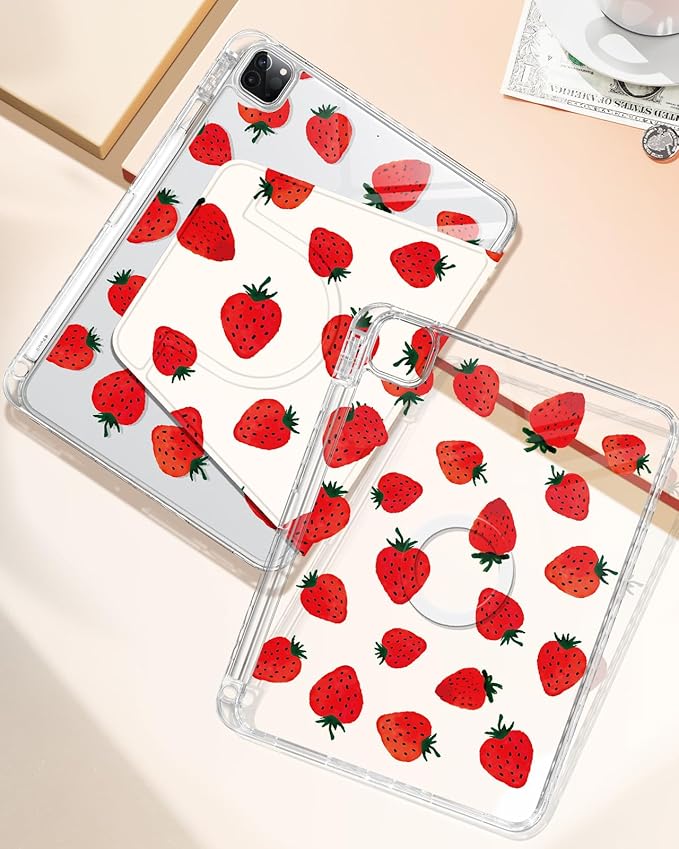 Shorogyt for iPad Air 13 Inch (M4) 2026/M3 2025 & M2 2024 /for i Pad Pro 12.9 inch (3/4/5/6th Gen) for Magnetic Stand for Women - Cute Design 360 Rotating Covers Girls with Pencil Holder, Strawberry