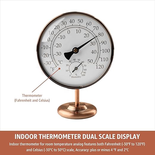 4-Inch Indoor Thermometer and Humidity Gauge, Room Analog Temperature and Humidity Monitor, Dual Scale Display, Brass Dial with Stand, Battery-Free for House, Home, Desk, Bedroom, Garage, RV
