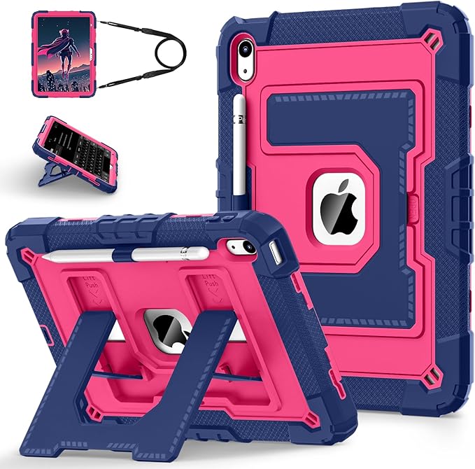 for iPad (A16) 11th Generation 11 Inch (2025)/iPad 10th Generation 10.9 Inch (2022) 10th Gen i Pad Case with Shoulder Strapr,Shockproof Cover for 11.0/10.9,Navy Pink