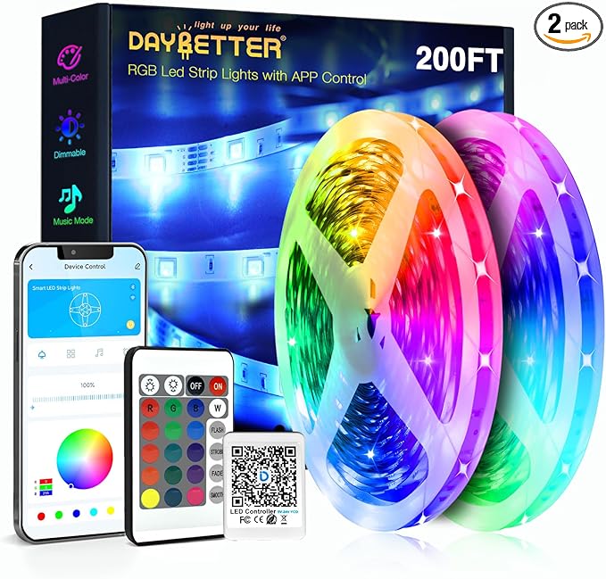 DAYBETTER Led Strip Lights 200 ft (2 Rolls of 100 ft) Ultra Long Smart Light Strips with App Voice Control Remote, RGB Music Sync Color Changing Lights for Bedroom, Kitchen, Party,Home Decoration