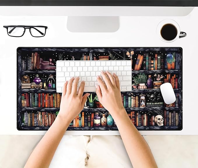 Mysterious Library Magic Desk Mat Large Gaming Mouse Pad Fantacy Bookshelf Book Witchy Decor Mousepad with Stitched Edges, Keyboard Mouse Mat for Work Game Office Home 31.5x15.7 in