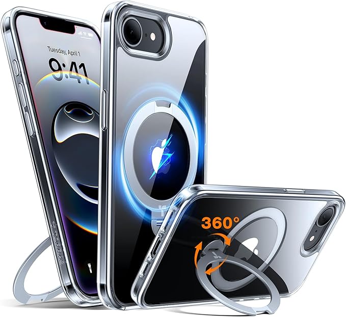 TORRAS 360 Spin for iPhone 17e Case & iPhone 16e case with Stand, Fit for MagSafe, 4X Military-Grade Protective, Stand Phone Case for iPhone 17e Case, Ring Holder Slim Cover, Crystal Clear 6.1''