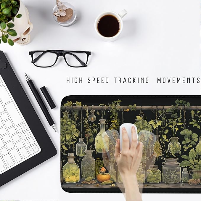 Witchy Botanical Green Plants Desk Mat Mouse Pad Large Gaming Mouse Pad Mystical Dark Cottagecore Mousepad Computer Laptop Keyboard and Mouse Mat, Desktop Protector Mat