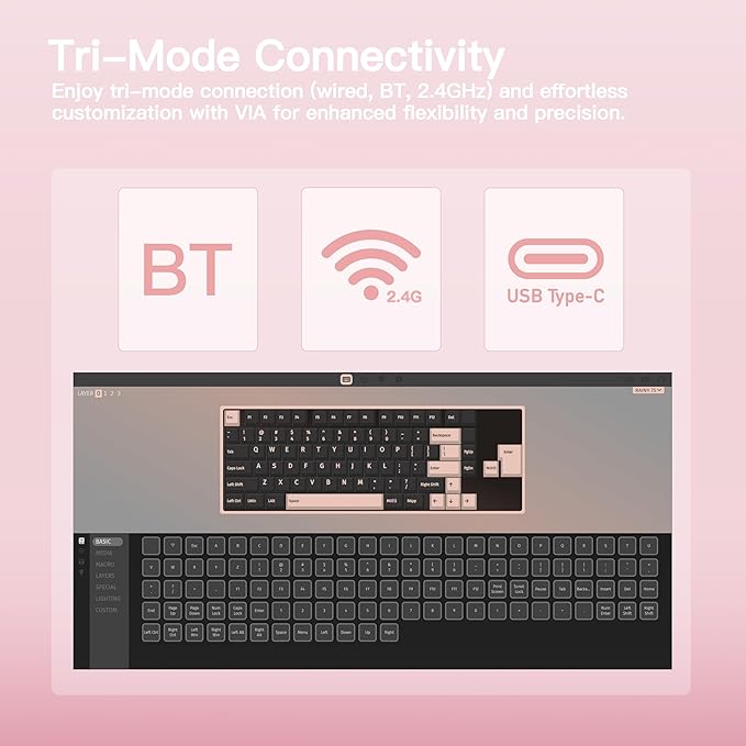KEEBMONKEY WOBKEY Rainy 75 CNC Aluminum HMX/JWK/Cocoa Switches Triple-Mode Connectivity Mechanical Keyboard with Superior Acoustics, RGB/FR4/Silver SUS304/7000mAh/Cocoa Switch (Pro - Pink)
