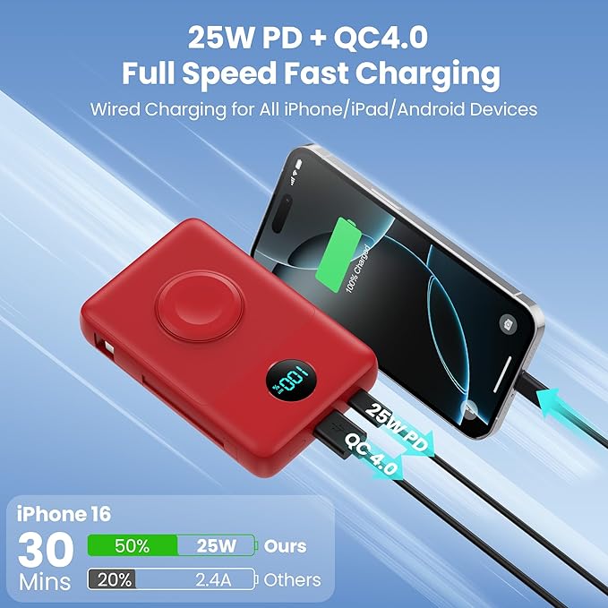 Magnetic Portable Charger for MagSafe with Built-in Cable,iWatch Charger,10800mAh Wireless Power Bank Travel Essentials,25W PD Fast Charging Battery Pack for iPhone 17/16/15/14/13/12,Apple Watch-Red