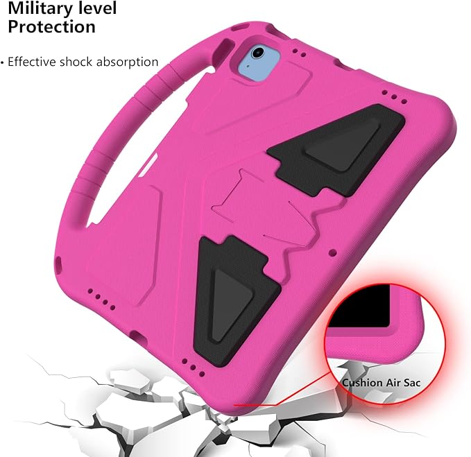 Shockproof Case for Apple iPad A16 11 Inch 2025 11th Gen/iPad 10th Generation 2025 10.9", with Shoulder Strap Soft EVA Handle Design Foldable Kickstand Kids Friendly Cover for Girls Boys, Rose