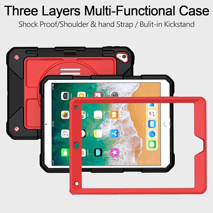 MENZO Shockproof Case for iPad 5th Gen/6th Gen/Air 2/Pro 9.7-inch with 360° Swivel Stand, Pencil Holder, Detachable Hand and Shoulder Strap, Black+Red