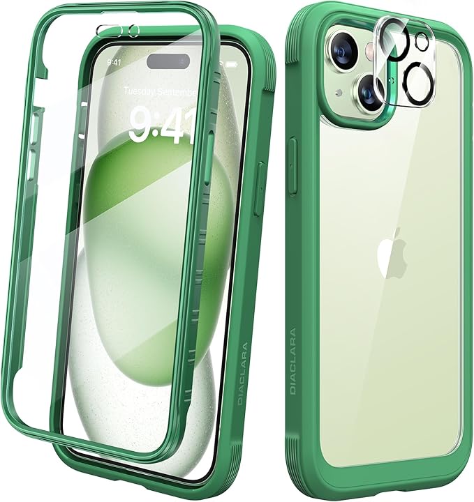 Diaclara Designed for iPhone 15 Case, Full Body Rugged Case with Built-in Touch Sensitive Anti-Scratch Screen Protector, with Camera Lens Protector for iPhone 15 6.1" (Green)
