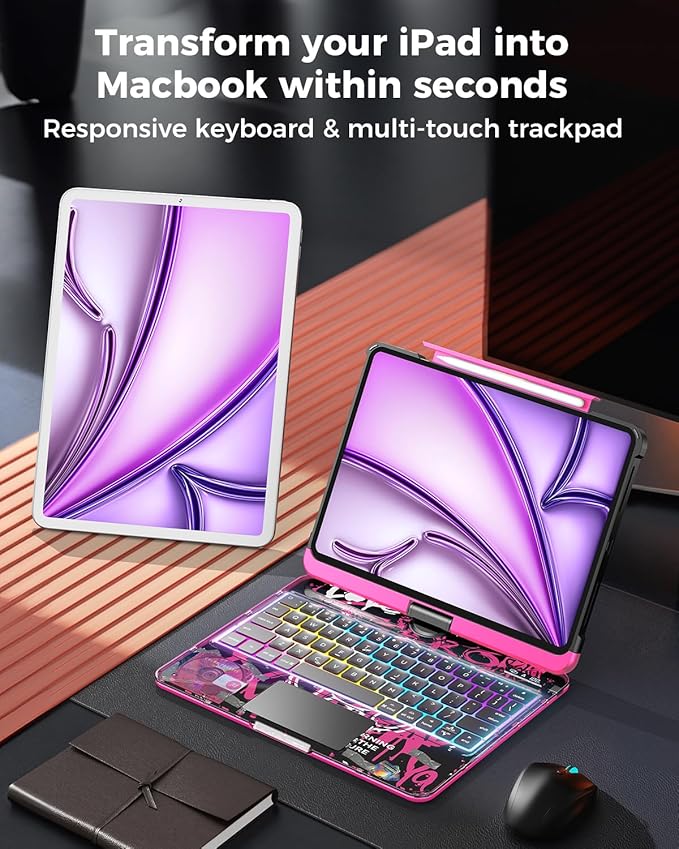 TSQQST Clear Wireless Keyboard Case for iPad Air 13 Inch (M4/M3/M2, 2026/2025/2024)/ iPad Pro 12.9" (6th/5th/4th/3rd Gen), 7-Color Backlit, Pencil Holder & Multi-Touch Trackpad, 360 Rotatable, Pink