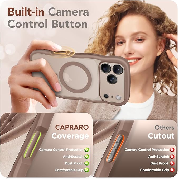 CAPRARO Magnetic for iPhone 17 Pro Case for Women Girls, Upgraded [Full Camera Protection] [Compatible with MagSafe] Cute Wave Translucent Matte Phone Case for iPhone 17 Pro, Clear Brown