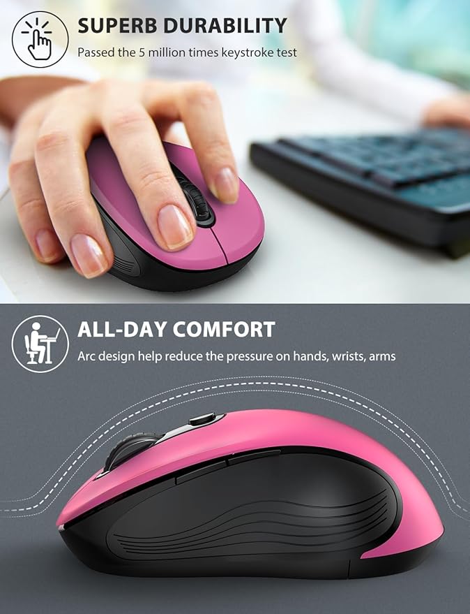 Trueque Wireless Mouse, 2.4GHz Ergonomic Mouse for Laptop & PC, Silent Portable Computer Mice with Back & Forward Buttons, USB-C Adapter for Windows/Mac, M01 (Fuchsia)