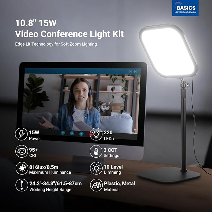 NEEWER Basics 10.8" Video Conference Lighting with Desk Stand & Phone Holder, 15W Bi Color Edge Lit Full Screen Light CRI95+ for Computer Laptop Webcam Zoom Calls Streaming