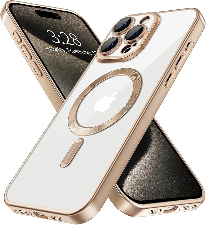 Hython Magnetic Clear for iPhone 15 Pro Max Case with Camera Lens Protector [Compatible with MagSafe] Plating Edge Slim Soft TPU Cover Protective Phone Case for 15 Pro Max 6.7", Matte Desert Brown
