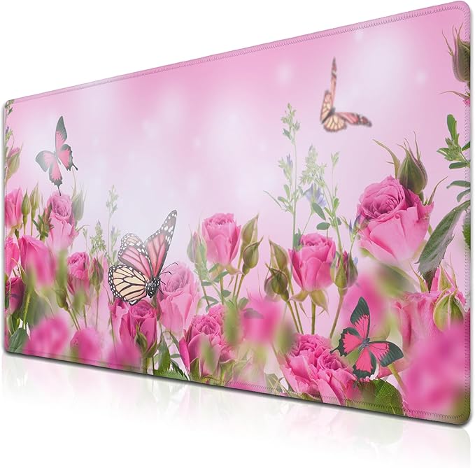 Computer Desk Mat Pink, Large Gaming Mouse Pads Desk Pad for Women Big Mouse Pad, Chic Office Desk Accessories Non-Slip Rubber Base, 35.4 X 15.7 inch for Work/Game/Office/Home Roses Butterfly