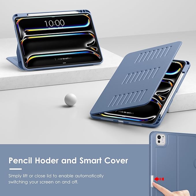 VIKESI Case for iPad Pro 11 inch (M5/M4) 2025/2024,Multiple Angles Magnetic Stand Cover,Shockproof Back,Pencil Holder,and Auto Sleep/Wake,Mist Blue