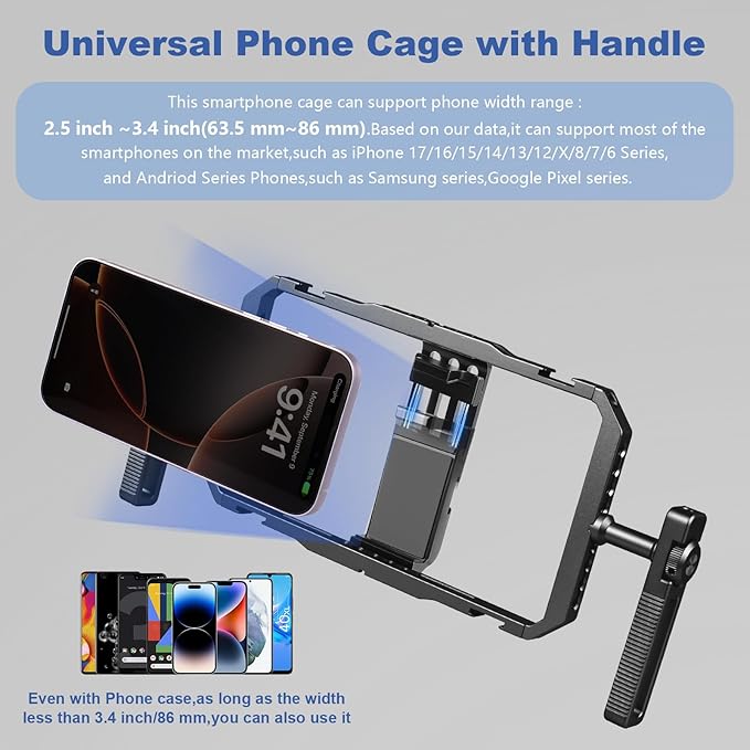 Universal Phone Cage Handheld Stabilizer Kit for Vlogging & Filmmaking, Smartphone Cage Video Rig with 360° Rotation Handles Compatible with iPhone 17/16/15/14/13 Series and Android Phones