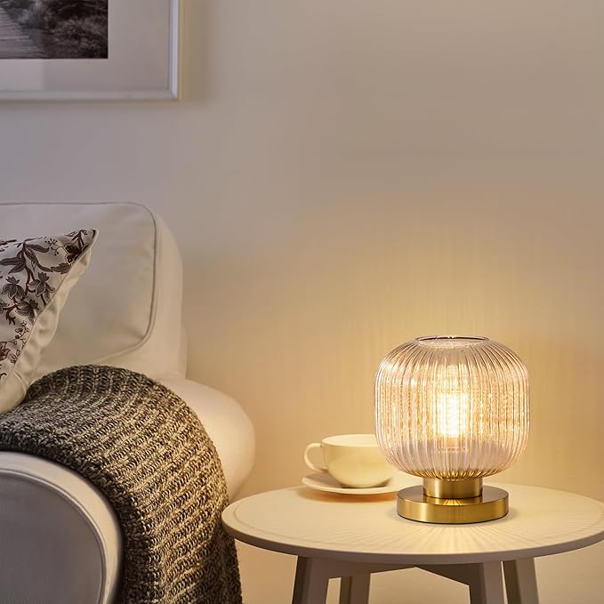 Mid Century Globe Table Lamp: Amber Vintage Pumpkin Ribbed Glass Dimmable Plug in Bedside Lamps - Cute Brass Gold Modern Side Table Lamp Nightstand Light for Bedroom Entryway Office Desk Living Room