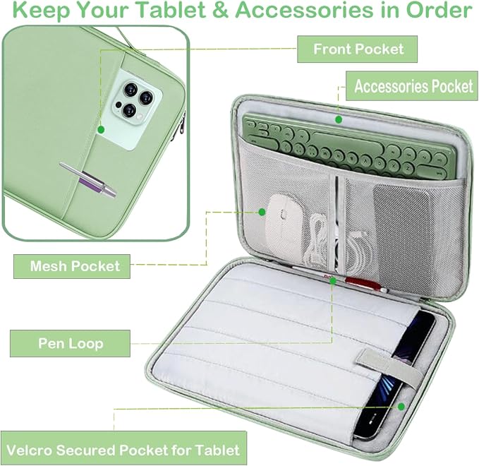CAAORDKSO 9-11 Inch Tablet Sleeve Bag Carrying Case for 11 inch iPad A16, 10.5" 11 inch iPad Air/Pro, 9.7" 10.2" 10.9" iPad, Amazon Fire HD 10 Tablet, Samsung Galaxy Tab A9+/S9/S8/S7 11", Mint Green
