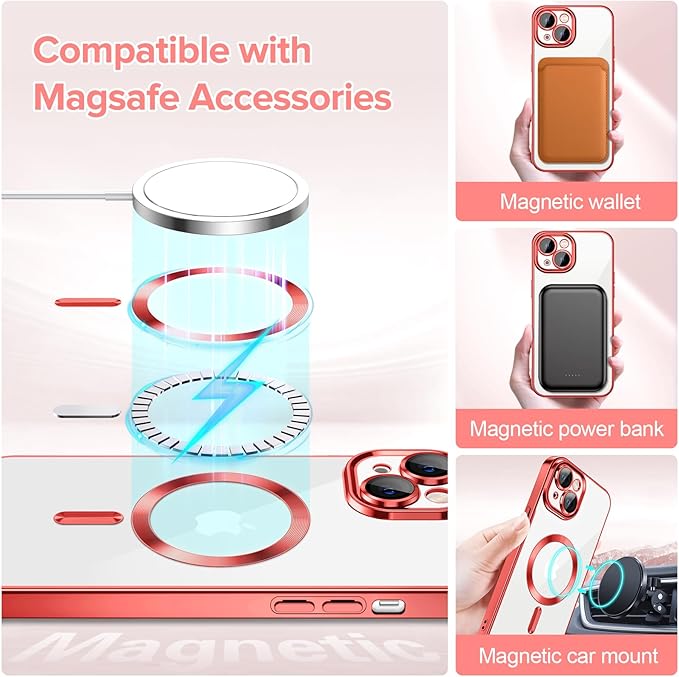 Hython Magnetic Clear for iPhone 13 Case with Camera Lens Protector [Compatible with MagSafe] Luxury Plating Edge Slim Soft TPU Cover Protective Phone Case for iPhone 13 6.1", Red