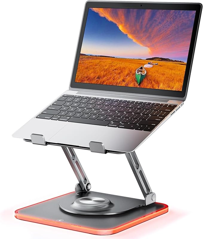 JOYEKY RGB Laptop Stand for Desk, Adjustable Ergonomic Laptop Riser with 360° Rotating Base, Foldable & Portable Computer Stand, Suitable for All 10-16” Laptops