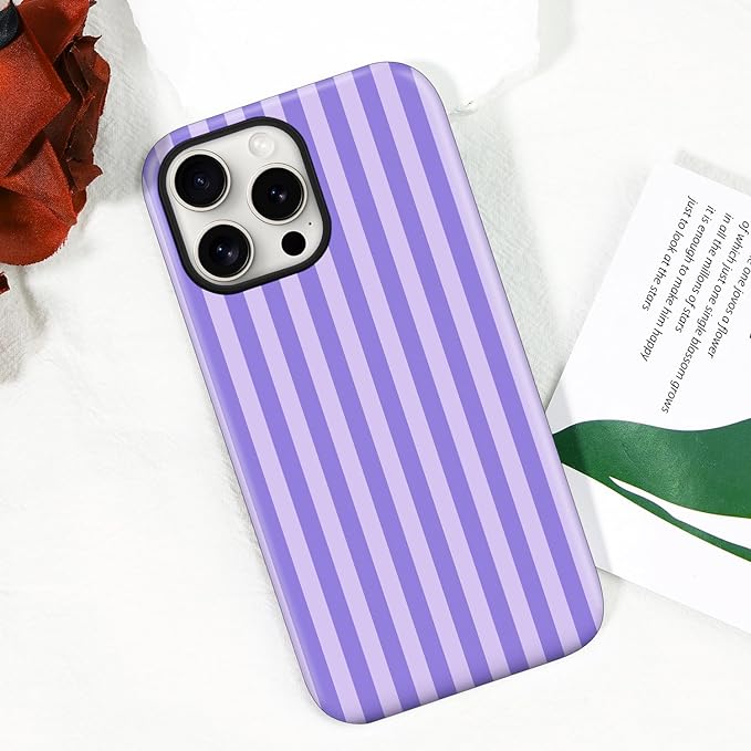 Magnetic for iPhone 15 Case Cute Stripes Phone Case, Shockproof Slim TPU and Hard PC Protective Phone Cover Compatible with MagSafe Designed for Women Girls, Light Purple