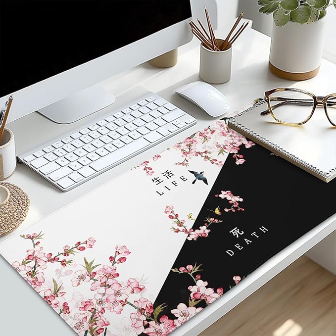 Black and White Cherry Blossom Gaming Mouse Pad XL，Extended Large Mouse Mat Desk Pad,Japanese Pink Sakura Death Life Long Non Slip Rubber Base Mice Pad 31.5 X 11.8 Inch