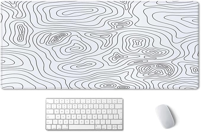 SSOIU White Topographic Desk Mat - Extended Gaming Mouse Pad (35.5x15.7 in), Large Non-Slip Rubber Base with Stitched Edges