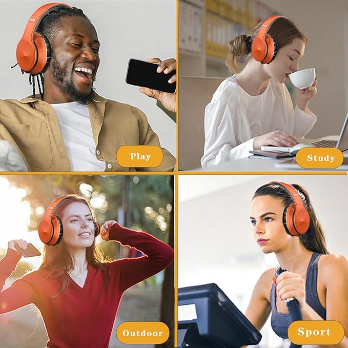 Active Noise Cancelling Headphones, Wireless Over Ear Bluetooth Headphones with Microphone Foldable Headphone with HiFi Audio Deep Bass for Home Travel Office Orange