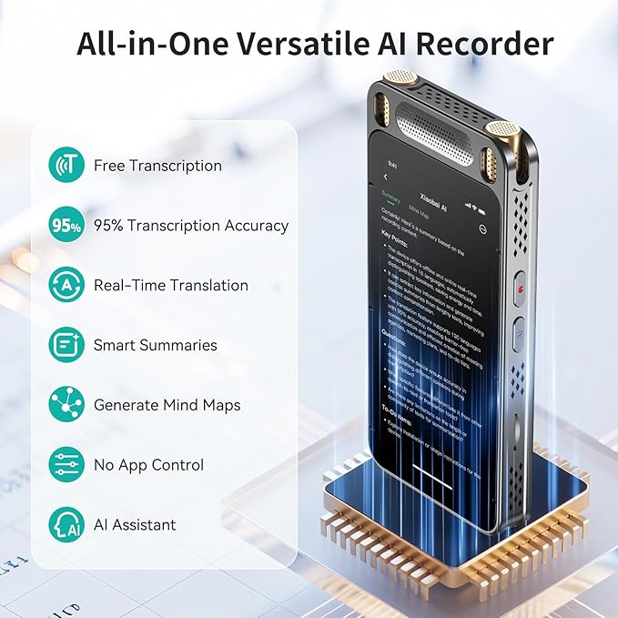 AI Voice Recorder with Playback, 5'' Large Touch Screen Digital Recorder, 13 Languages Transcription, 8 Mics Noise Reduction, 2600mAh Battery, AI Summary & Translation for Meetings, Lectures