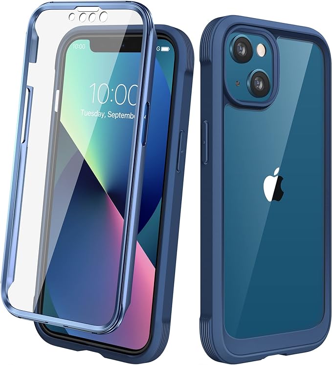 Diaclara Designed for iPhone 13 Case, Full Body Rugged with Built-in Touch Sensitive Anti-Scratch Screen Protector, Soft TPU Bumper Case for iPhone 13 6.1" (Dark Blue and Clear)