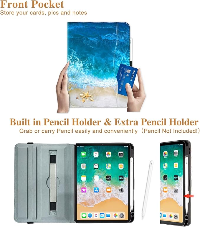 Rotating Case for iPad Air 11 Inch M4/M3/M2 2026, for iPad Air 5th/4th Gen Cases,for iPad Pro 11 Inch Case 4th/3rd/2nd/1st Generation Pencil Holder/Hand Strap/Pocket 360 Degree Rotating, Ocean Beach