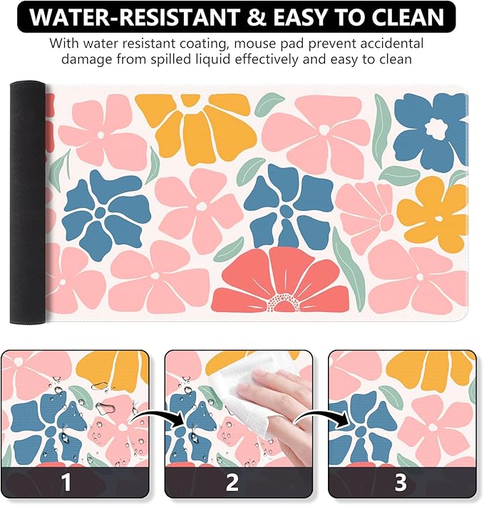 iCasso XXL Large Mouse Mat, Anti-slip Big Mousepad with Stitched Edges, Keyboard Pad Mat for Computer, Work, Gaming (Colorful Flower)
