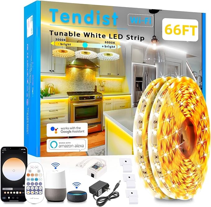 66FT White LED Strip Lights 3000K-6500K Dimmable, Smart Strip Light Alexa Compatible, 24V WiFi Flexible Tape LED with APP & RF Remote, Cabinet Lighting Self-Adhesive for Room, Kitchen