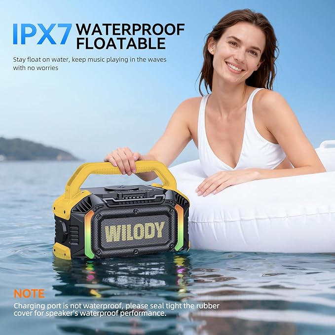 Wilody Speakers Bluetooth Wireless, 100W Loud Outdoor Speaker with Bass, IPX7 Waterproof Floatable, 20H Playtime, Wireless Charge, TWS, RGB Light, Portable Speaker for Work, Garage, Outdoor (Yellow)