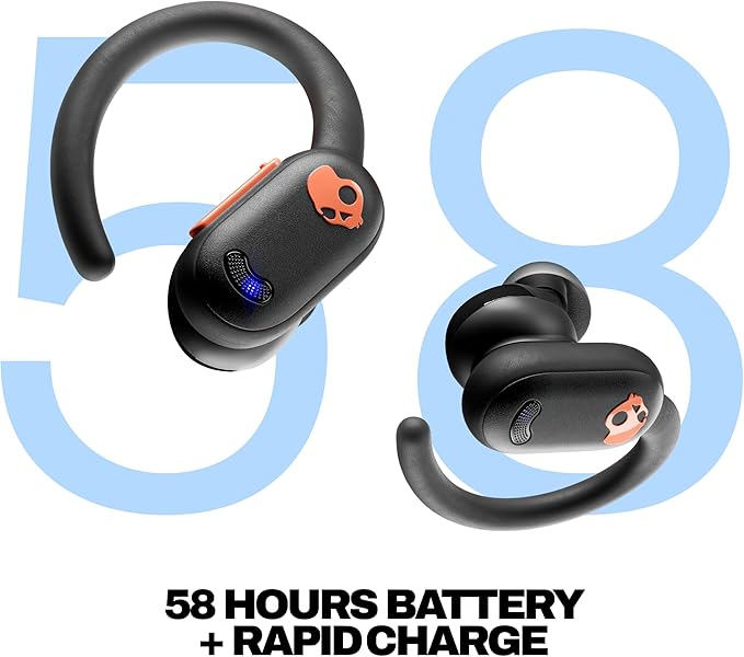 Skullcandy Push ANC Active Wireless Earbuds, Bluetooth Headphones, Noise Cancelling, 58 Hours Battery, Secure-Fit Over-Ear Hanger, Sweat and Waterproof, Microphone for iPhone Android - Black/Orange