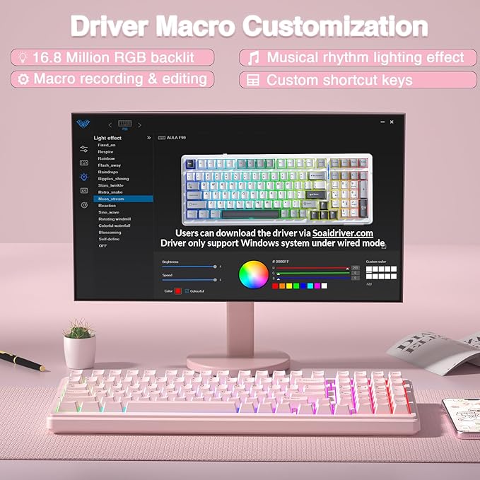 AULA F99 Wireless Mechanical Keyboard-Silent Version,Tri-Mode(BT5.0/2.4GHz/USB-C),Gasket Structure,Hot Swappable Mechanical Keyboard with Pre-lubed Linear Switches,RGB Backlit PC Gaming Keyboards,Pink
