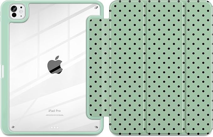 Case for iPad Pro 11 Inch (M5 2025 M4 2024) – [Built-in Pencil Holder], Shockproof & Stylish, Clear Hard Back + Soft TPU Edge, Magnetic Trifold Stand, Auto Wake/Sleep, Green Polka dot