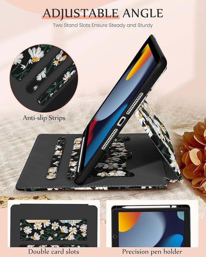 Uppuppy for iPad 9th/8th/7th Generation Case 10.2'' - Women Girls Cute Embroidered Folio Stand Cover with Pencil Holder & Card Slot Girly Black Daisy Floral Design Aesthetic Cases for iPad 7th/8th/9th