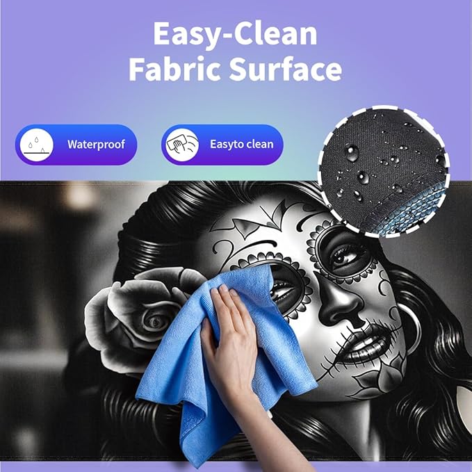 Large Gaming Mouse Pad (31.5" x 15.8") - Monochrome Sugar Skull Portrait with Rose Black Gray Day of The Dead Gift, Extra XXL Extended Office Accessories, Premium Stitched Anti-Slip Desk Mat