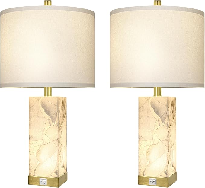 Scenekoy 23" Alabaster Table Lamps Set of 2 for Living Room Bedroom, Bedside Lamps with USB A+C Ports, Modern Table Lamp with Linen Shade for Living Room Bedroom Nightstand (Bulbs Included)