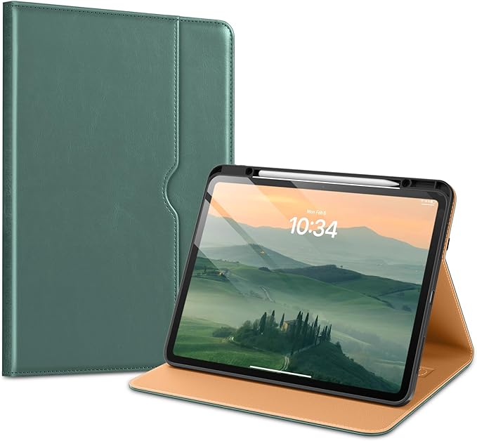 VIKESI Case for iPad Pro 13-inch M5 or M4 Released in 2025 or 2024, Leather Stand Cover with Apple Pencil Holder, Auto Wake/Sleep, Multiple Viewing Angles, Built in Hand Strap & Pocket,Midnight Green