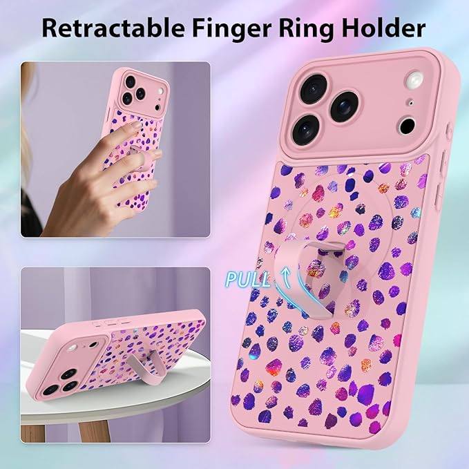 KANGHAR Compatible with iPhone 17 Pro Case, Support for MagSafe, Silicone Cute Iridescent Pattern Leopard Print Cheetah, Wristband Kickstand Shockproof Soft Slim Cover for Girls Women, Pink
