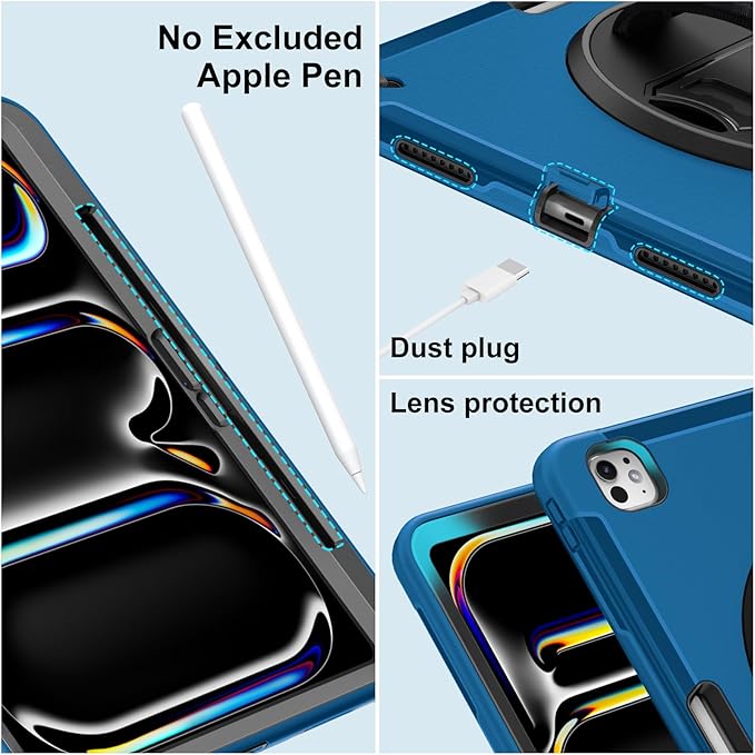 Miesherk Case for iPad Pro 13 Inch, Military Grade Heavy Duty Shockproof iPad 13 Case (2024, 7th Generation) - Screen Protector, Rotating Stand, Pencil Holder, Hand/Shoulder Strap, Blue