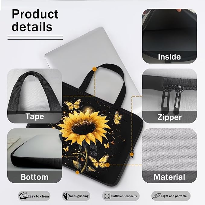 Sunflower Butterfly 10-17 Inch Laptop Sleeve, Portable Computer Bag Tablet Carrying Case with Handle, Women Business School Tote Bags Notebook Case Handbag Briefcase