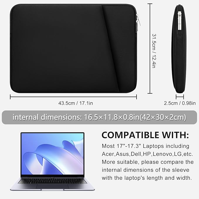 Laptop Sleeve Case with Zipper Accessory Pocket Compatible with 17 inches HP Asus Lenovo Padded Computer Pouch Cover Shockproof Protective for 17” to 17.3” Laptop/Chromebook/Tablet,Black