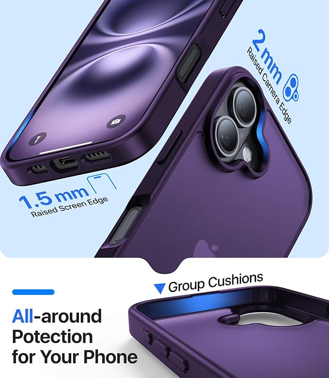 for iPhone 16 Case, [Military-Grade Drop Protection][Anti-Yellowing] Shockproof Protective Translucent Matte Cover for iPhone 16 Phone Case,Dark Purple
