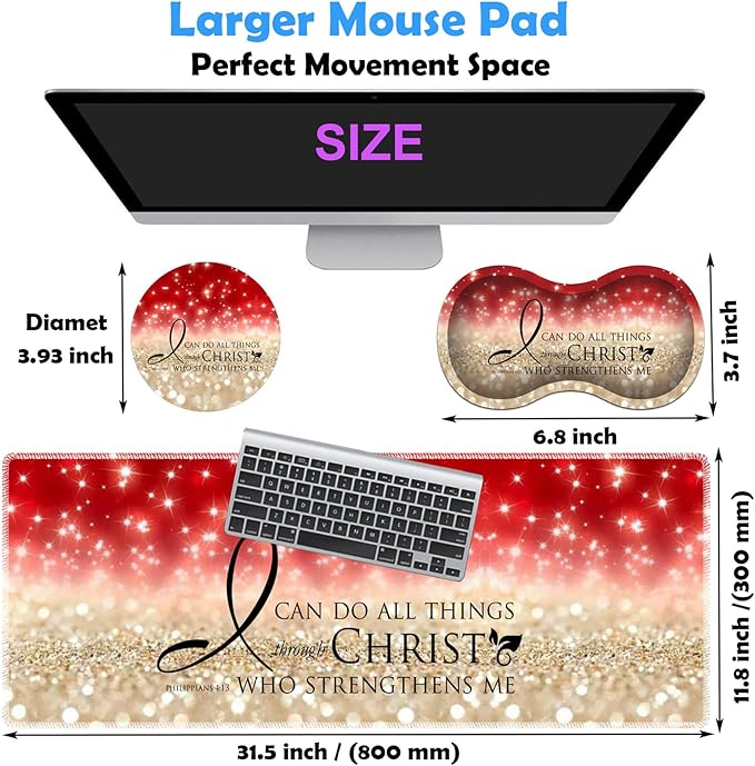 3 Piece Mouse Pad Set with Stitched Edge Large Anti-Slip Mouse Pad Desk Pad Keyboard Pad + Wrist Rest Pad + Coaster, Memory Foam Wrist Rest for Office/Home - Bible Verse Pink Philippians 4-13