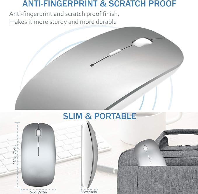 Bluetooth Wireless Mouse for MacBook Air Mac Pro Laptop Computer iPad Pad PC Laser Optical Rechargeable Mini Slim Silent Mouse Widely Used Desktop Hp iMac (Silver)